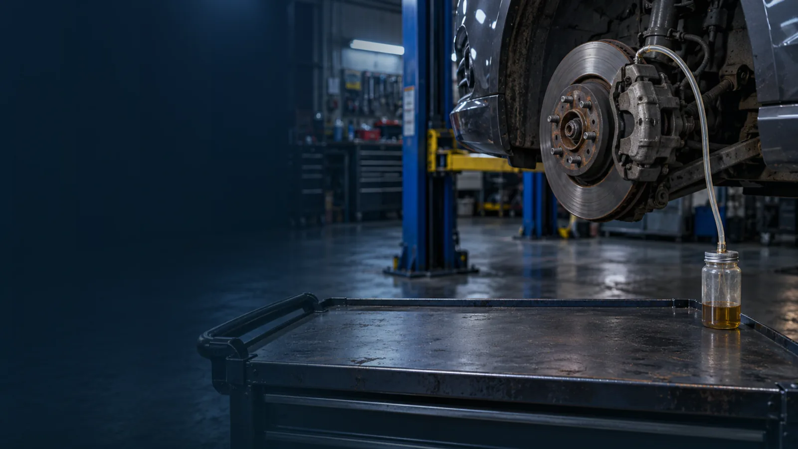 Illustrative wheel-end brake-fluid service scene; not an operation photograph