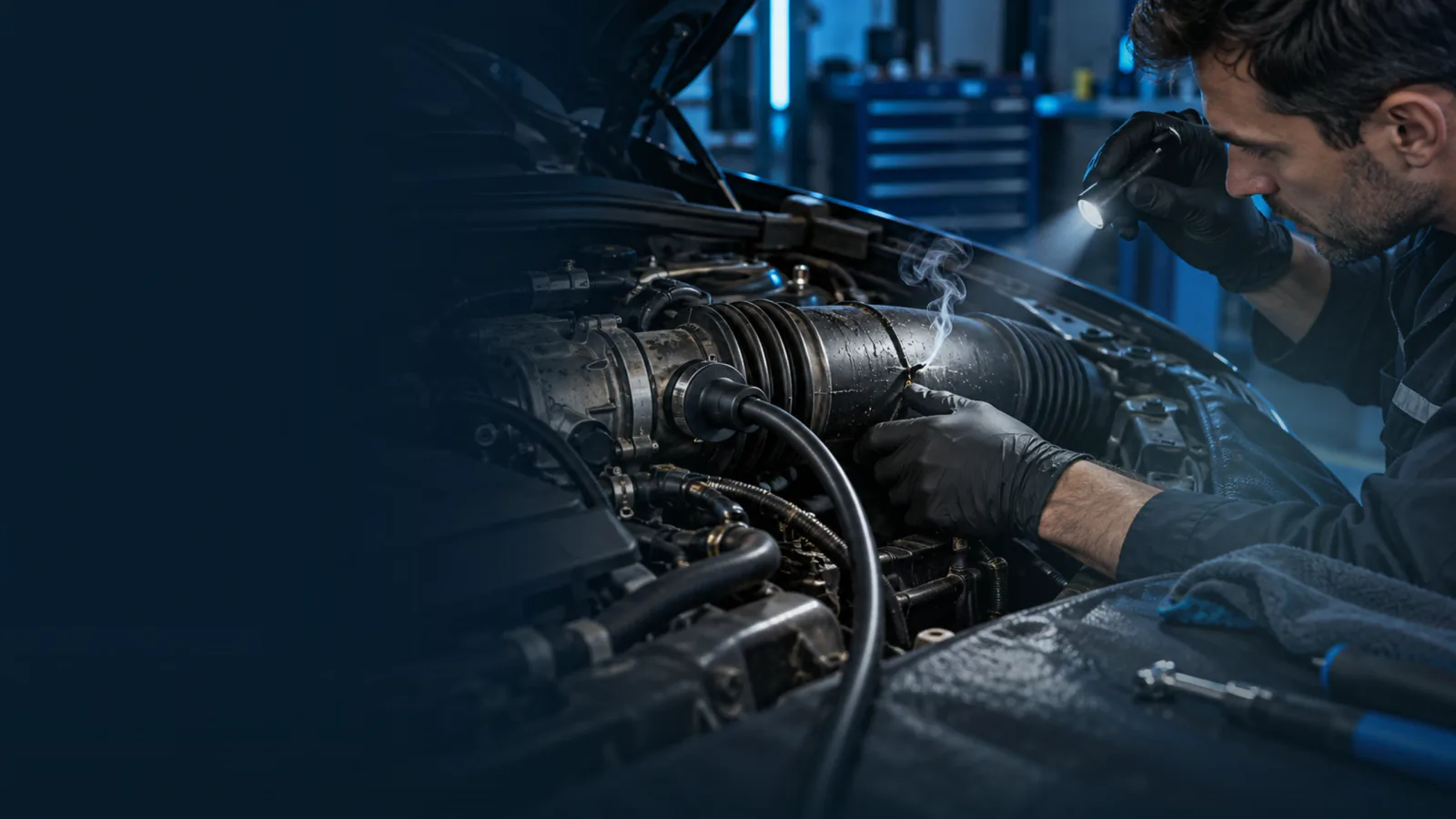Illustrative automotive smoke-leak testing scene; not an operation photograph