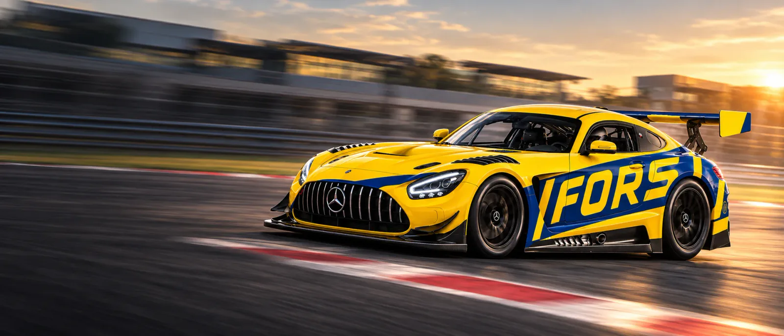 AI concept illustration of a yellow and blue FORS-liveried car on a track
